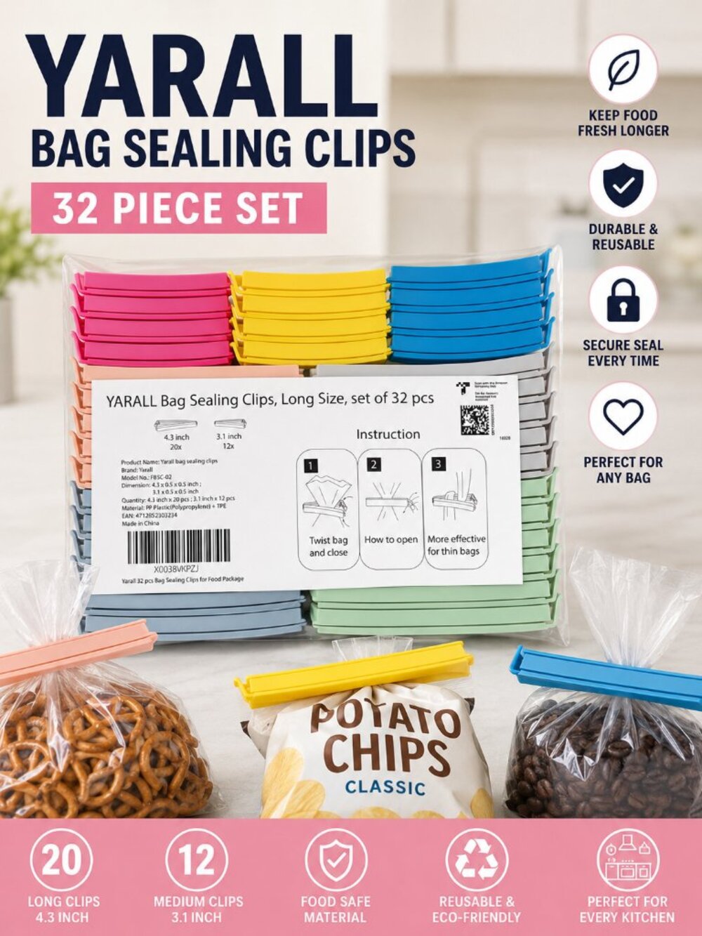 YARALL 32 Pc Bag Sealing Clips Set Food Storage Snack Chip Bag Clips NEW